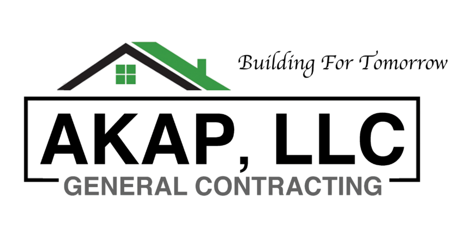The logo for AKAP, LLC General Contracting, featuring a black and green roofline with a small window above the company name. The text "AKAP, LLC" is in large, bold black letters enclosed in a thin black frame, with the words "GENERAL CONTRACTING" in grey below it and the slogan "Building For Tomorrow" in elegant script to the right.